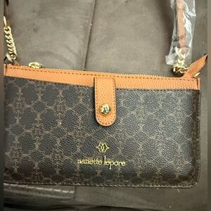 Nanette Lepore, crossbody purse Mickey Tech with chain chocolate logo  NWT